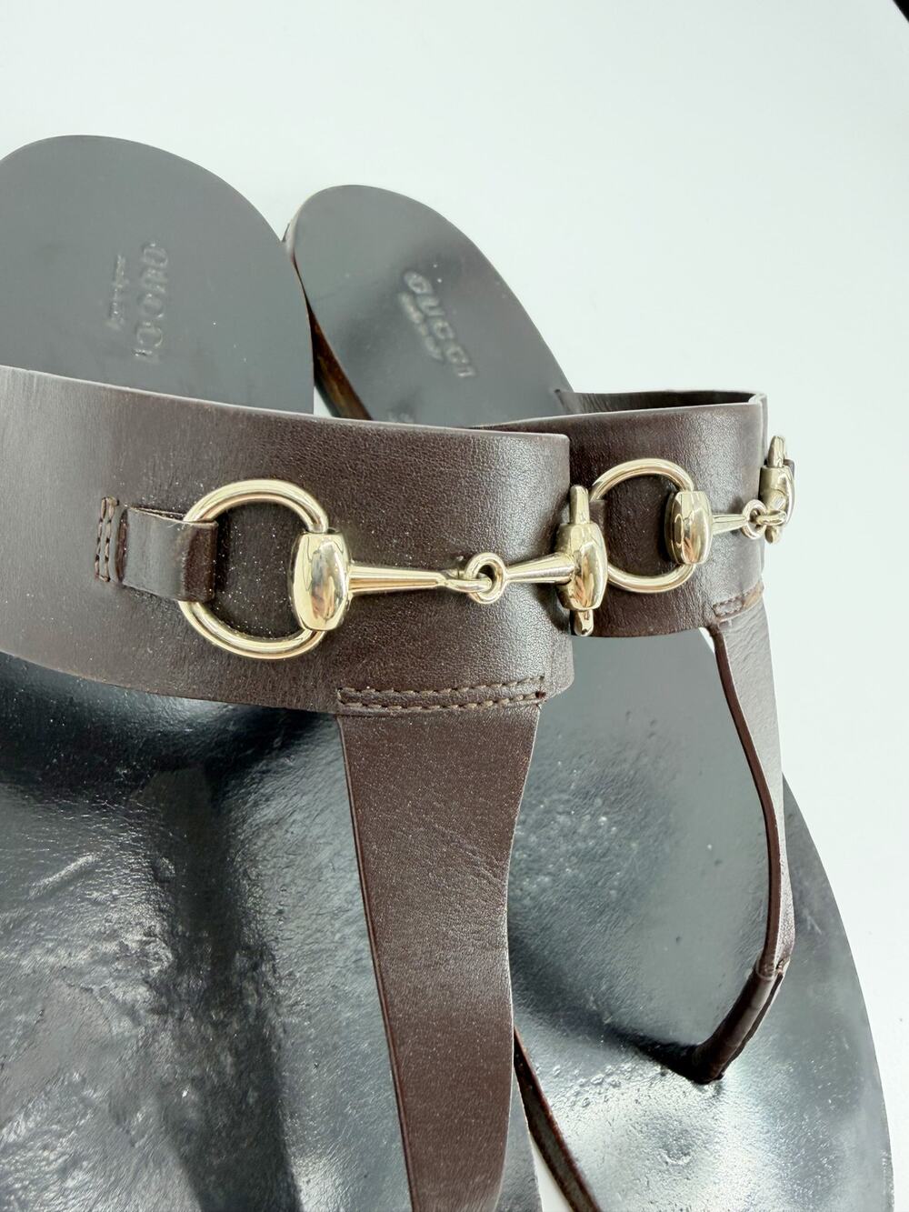 Gucci Horsebit Dark Brown Leather T Strap Thong Flat Sandals 38.5 EU 8.5 Italy